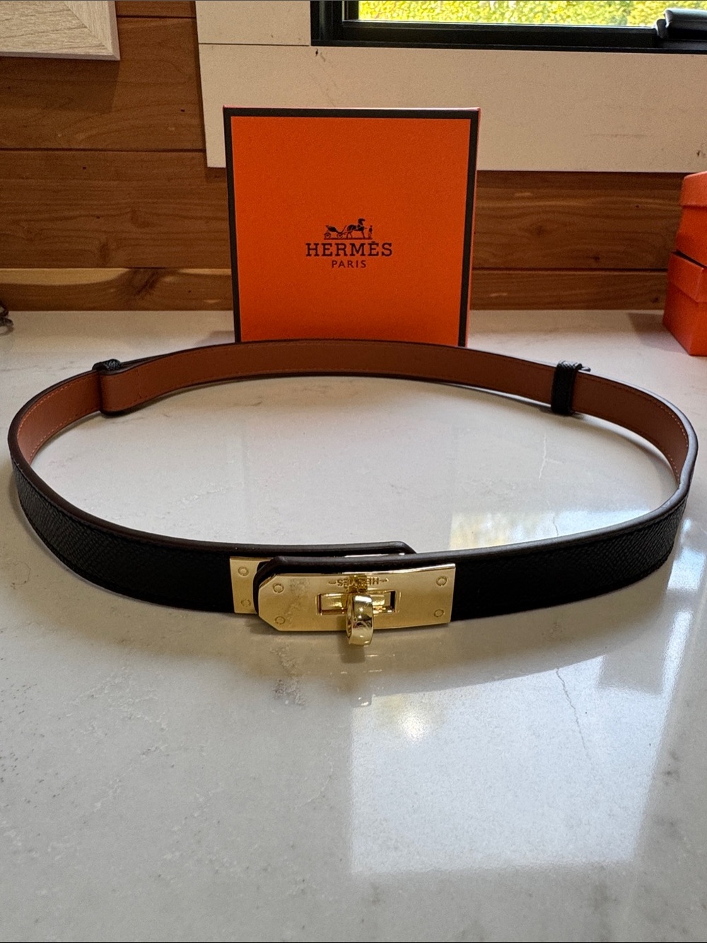 Brown Leather Kelly Signature Belt with Gold Hardware